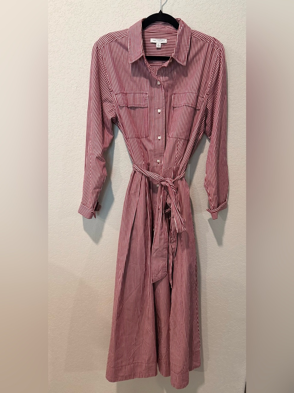 Striped Long-Sleeve Shirt Dress with Waist Tie — Burgundy